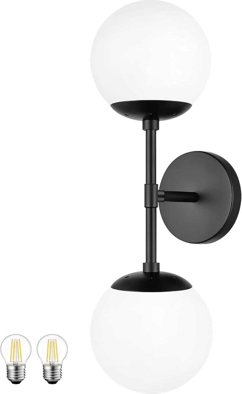 2-Light Matte Black Mid-Century Bathroom Vanity Light with White Globe Shades
